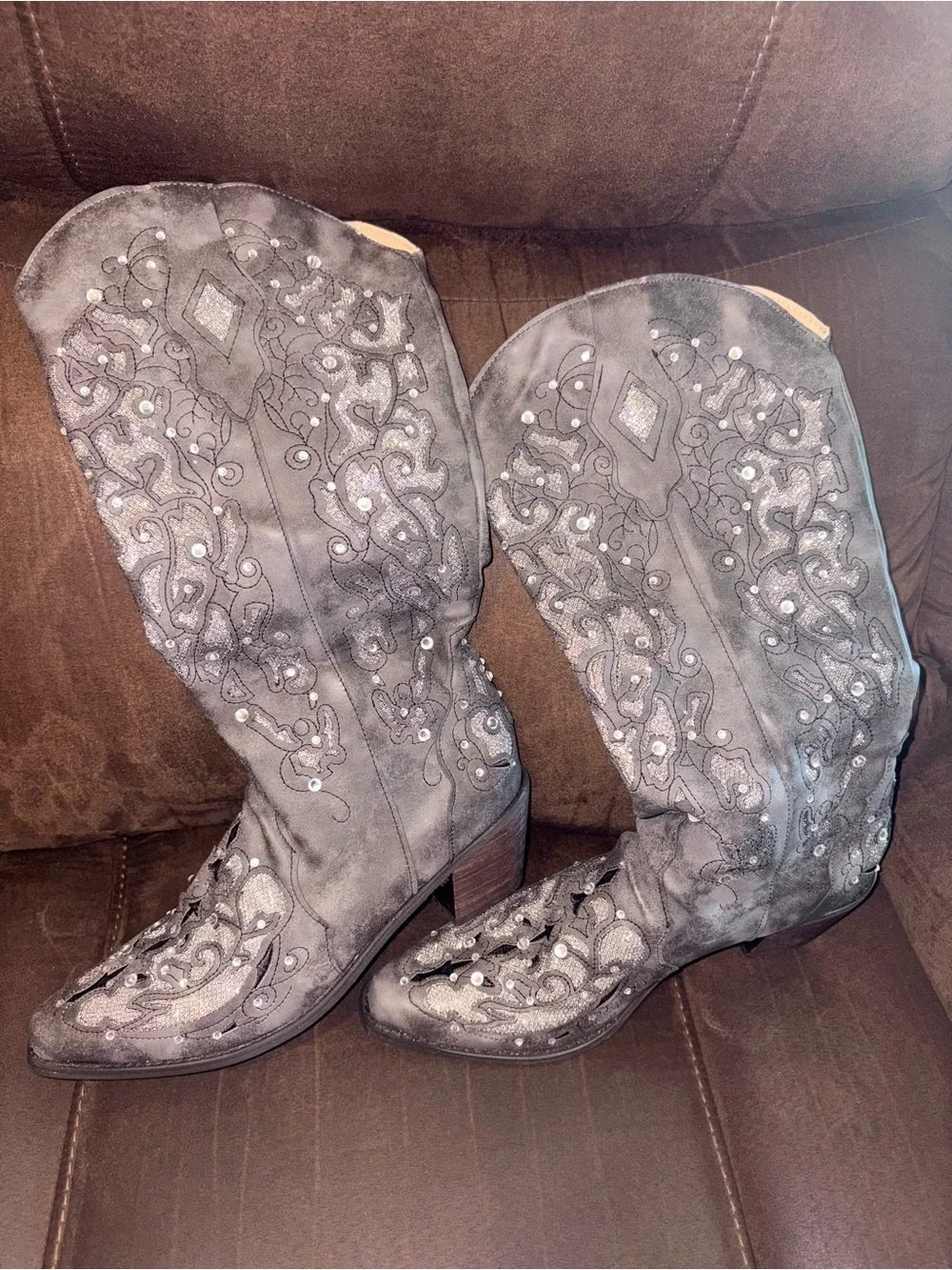 Embellished rhinestone sparkles Dark Grey Wide Calf Women's Tall Western Boot